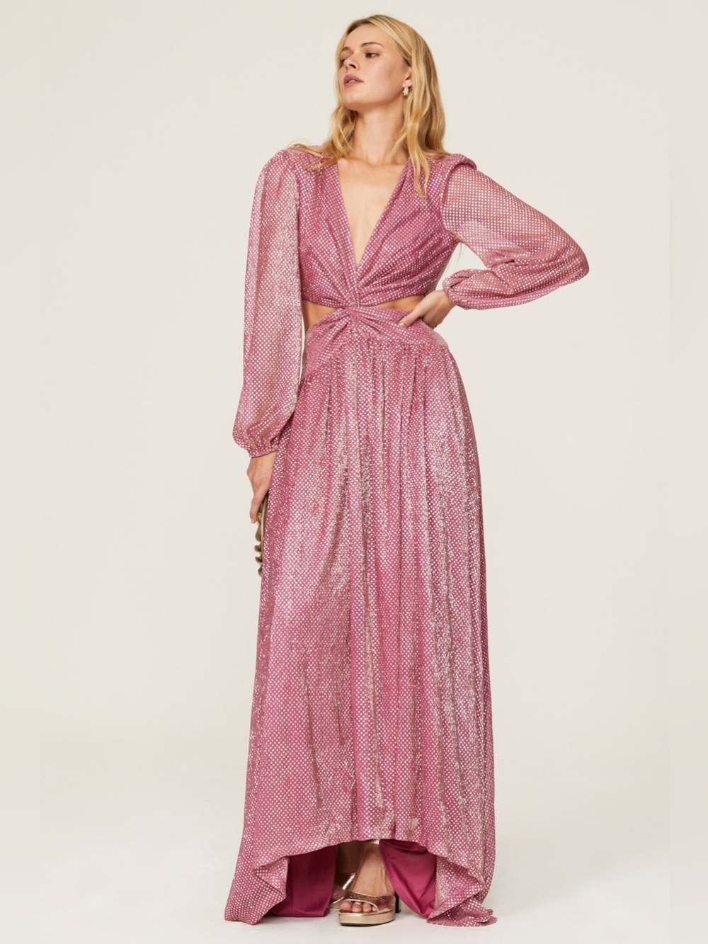 Ramy Brook LeBron Pink Gold Metallic Long Sleeve Cut Out Full Length Gown sz 6